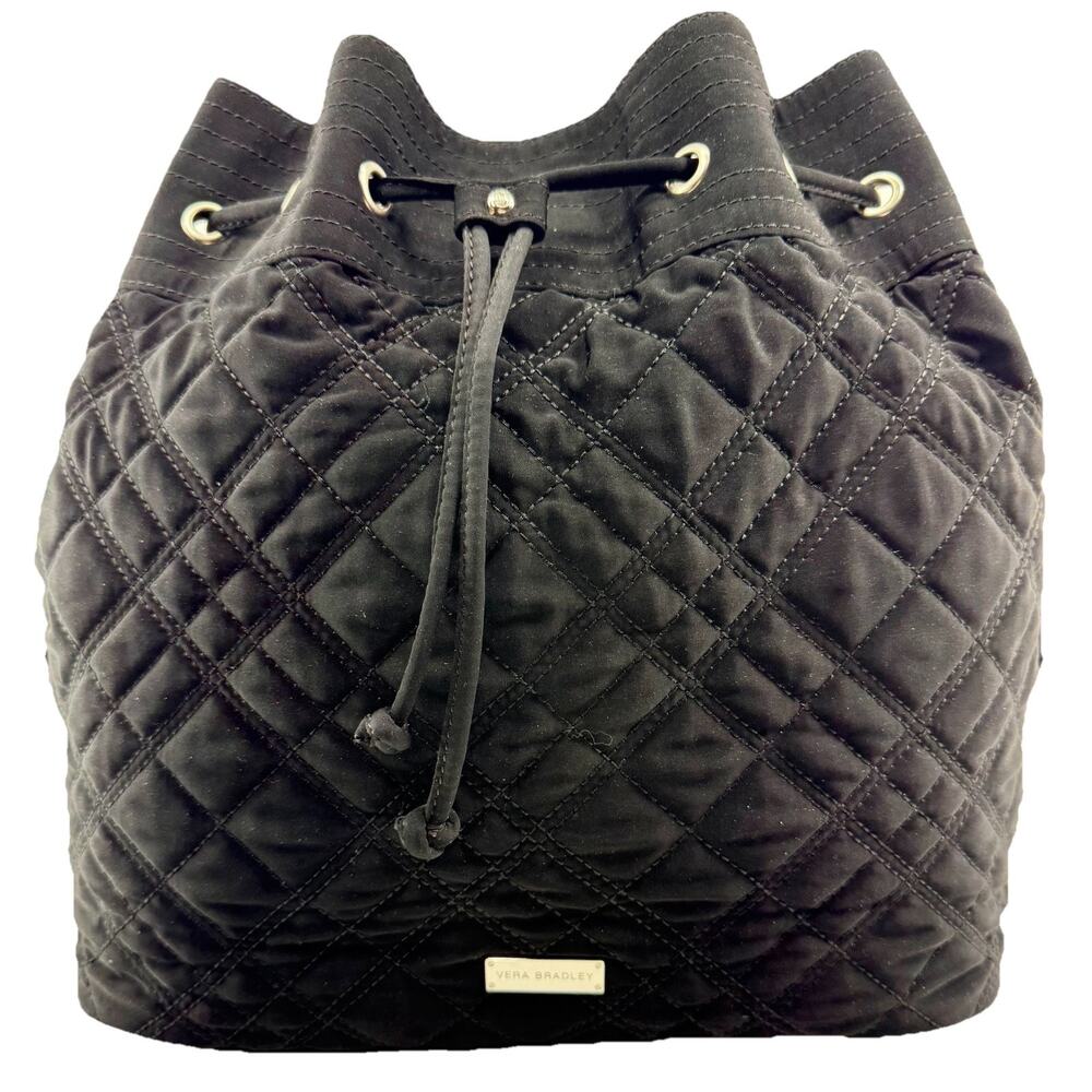 Vera Bradley‎ Black Quilted Bucket Drawstring Crossbody Bag Zebra Lining EUC